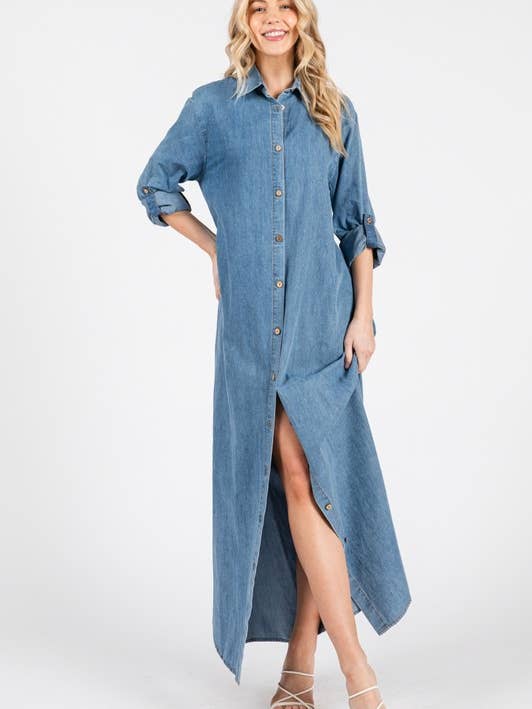 Women Woven Washed Denim Button-Down Maxi Dress for wholesale by Pink Irene Wholesale