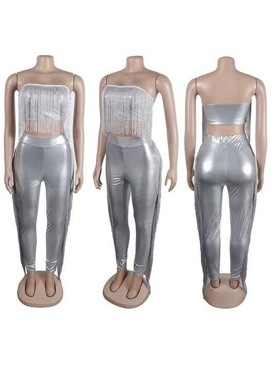 Fashion Combination - Wholesale Top & Skirt Set - Women's - fringes tube and faux leather tights set11
