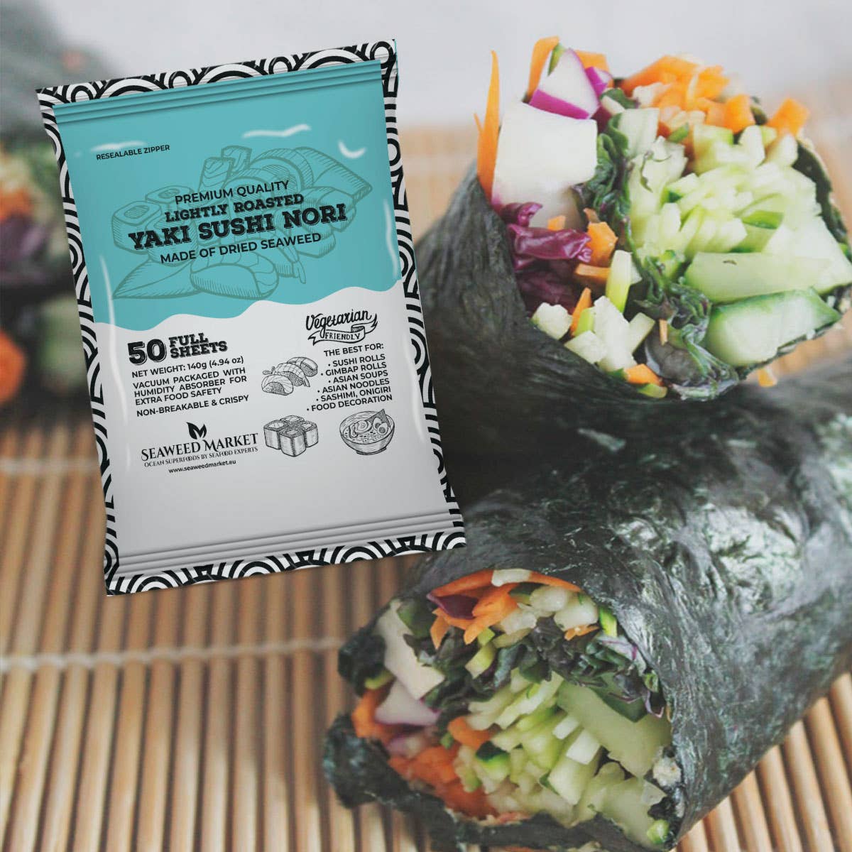SEAWEED MARKET - Wholesale Dried/Dehydrated Vegetables - 100 Half-Sheets of Premium Nori Seaweed. Sushi, Gimbap rolls. 135g x 20pcs8