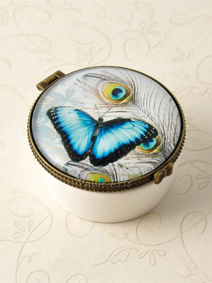 Blue Butterfly And Feather Ceramic Keepsake Box for wholesale by Value Arts