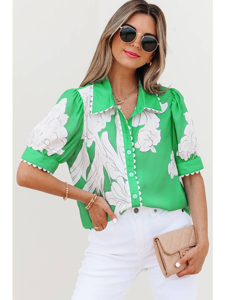 Aapparella - Vente Chemise à col boutonné – femme - Haut à boutons avec manches bouffantes et bordure en croquet floral | S-XL14