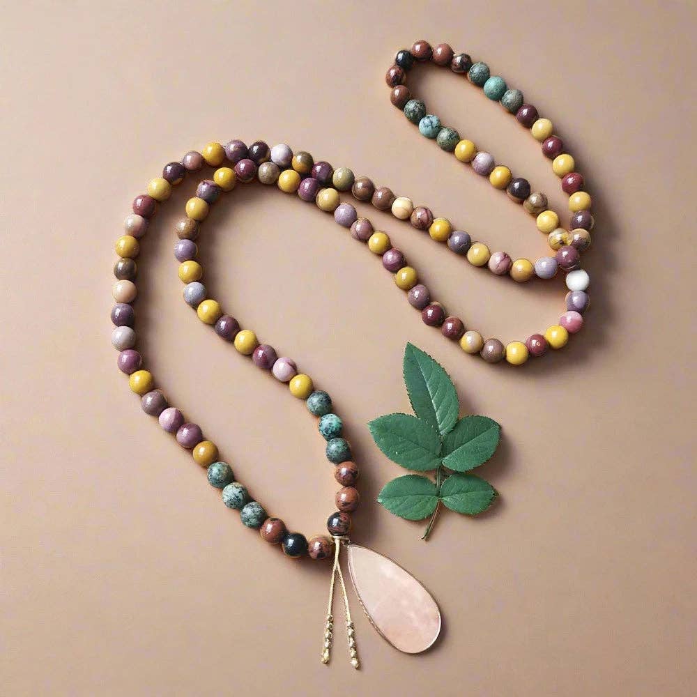 Harmony Mala - Vente Collier de prière en perles - Collier mala en Mookaïte et turquoise africaine avec pendentif5