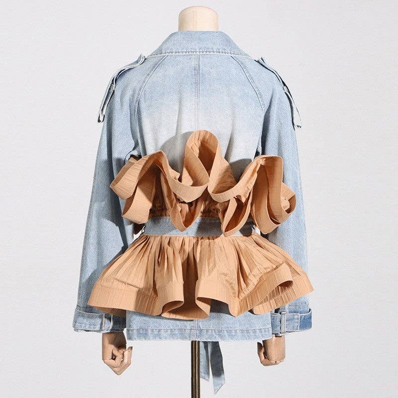 KHAKI Women's Denim Jacket With Contrast Lapel And Ruffle Hem for wholesale on Faire3