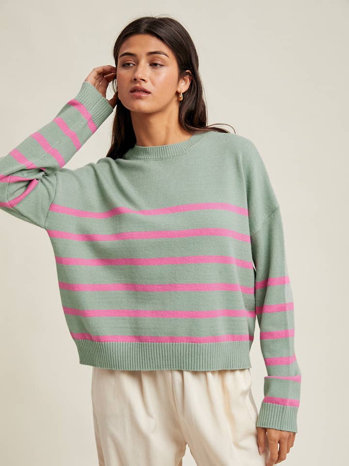 STRIPED DROP SHOULDER LIGHTWEIGHT SWEATER / WL25-11146 for wholesale by Wishlist Apparel