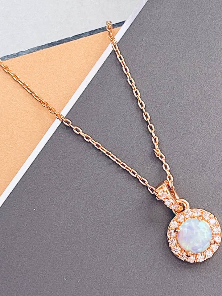 LILY - Delicate CZ-Surrounded Opal Pendant In Gold for wholesale by JohnnyB Jewelry
