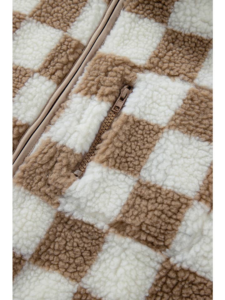 Beige Checkered Sherpa Sleeveless Zip Up Jacket Vest (S-XL) for wholesale on Faire