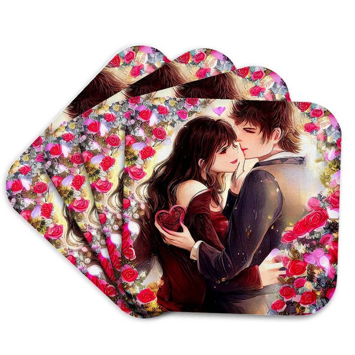 3dRose, Saint-Valentin. Adorable jeune couple heureux. Fleurs de rose. Cadeau, carte, dessous de verre pour la vente par 3dRose