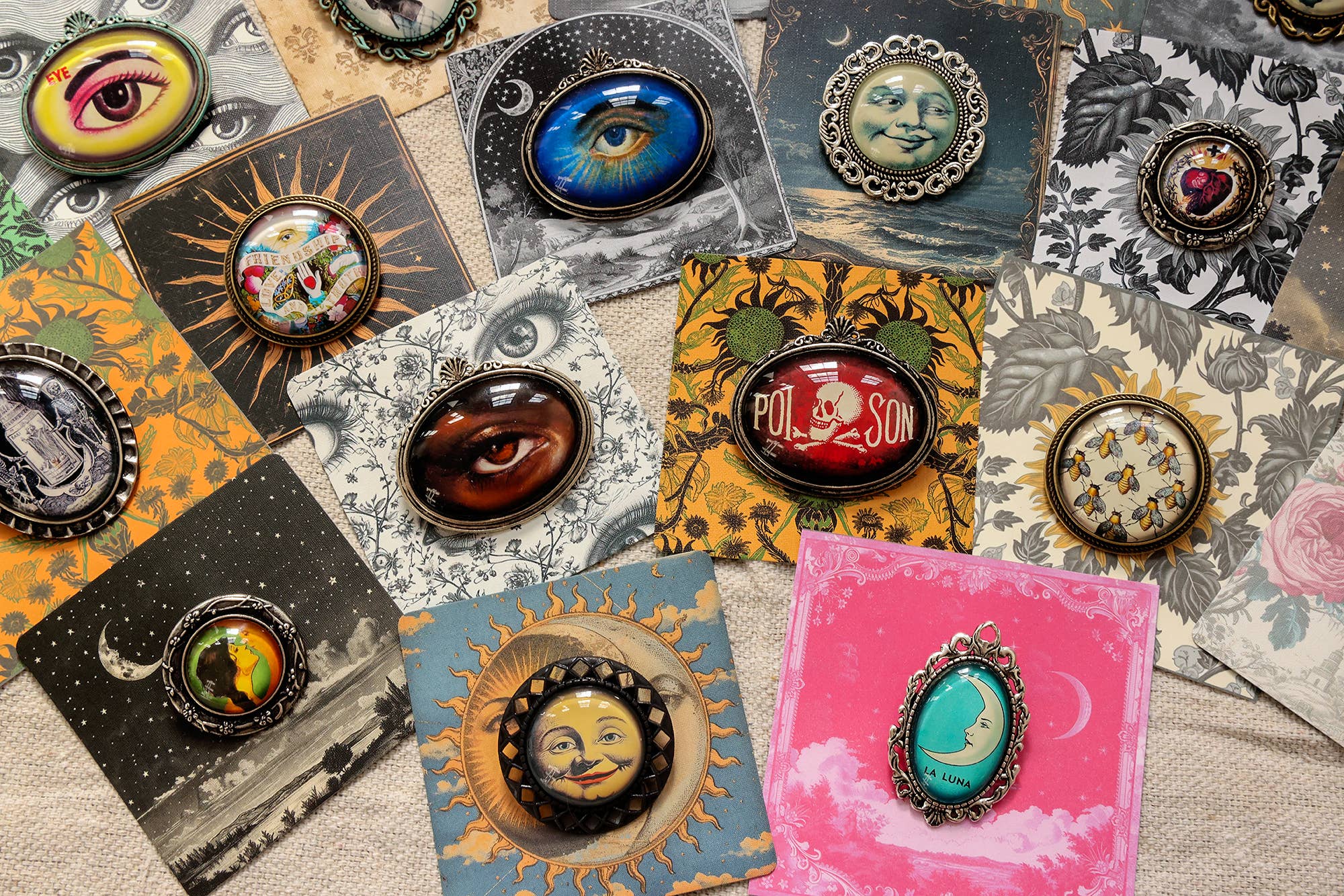 Asunder Bazaar - Wholesale Brooch - 20pc Handmade Eclectic Vintage Cameo Brooches on Cards1