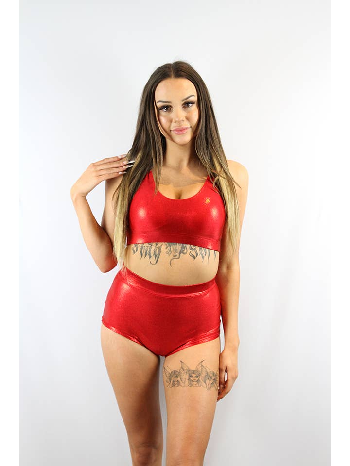Rarr Designs - Wholesale Athletic Shorts - Women's - Red Sparkle High Waist Cheeky Shorts