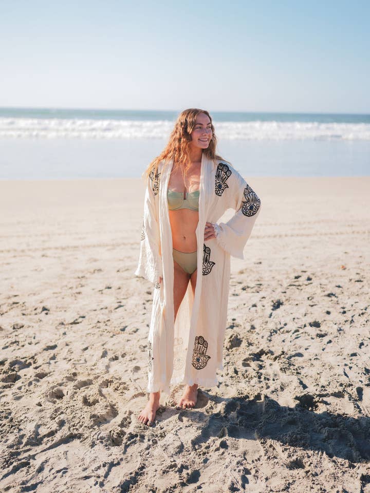 Basic Layers - Wholesale Robe - Women's - MUSLIN COTTON KIMONO BATHROBE HAMSA HAND PRINT2