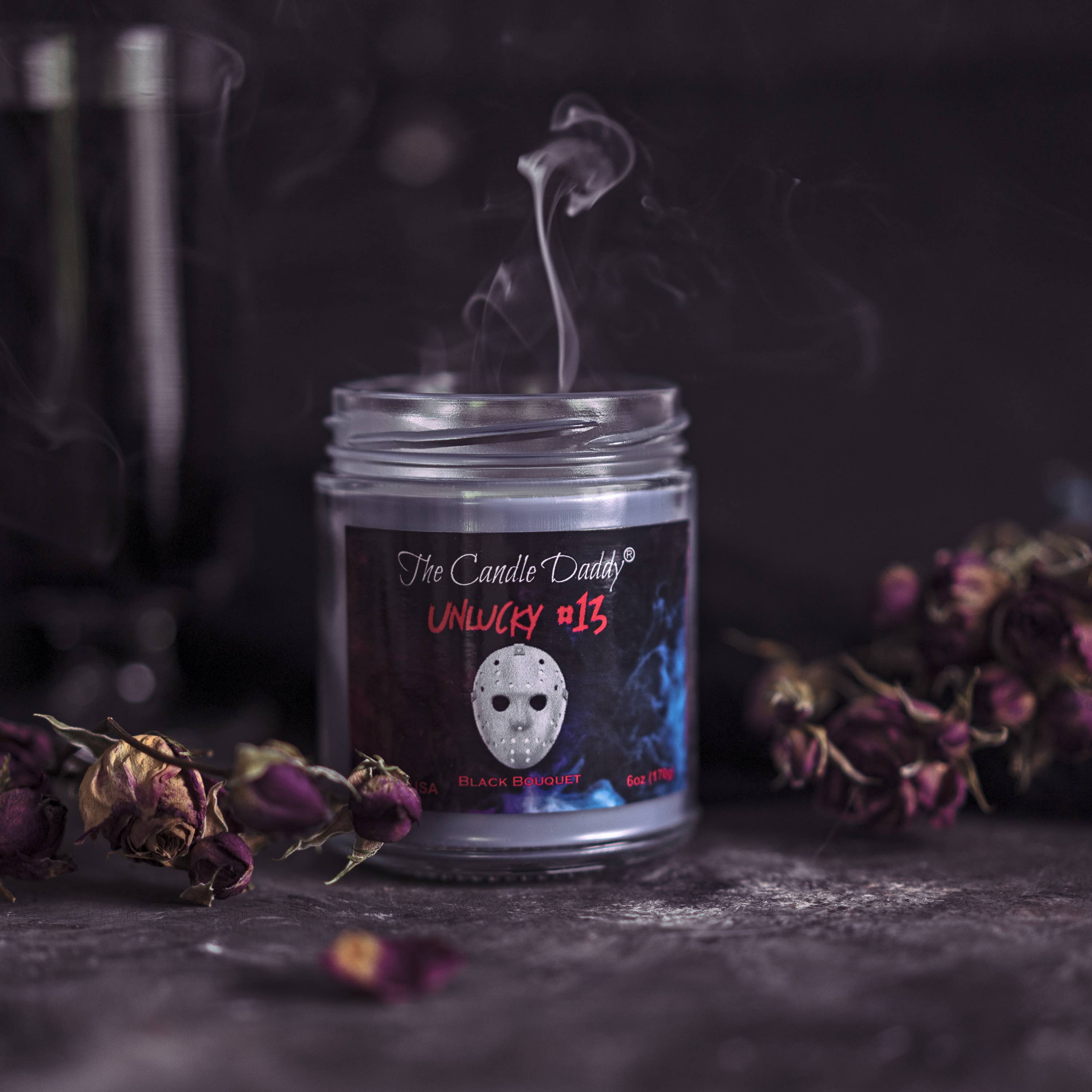 The Candle Daddy - Wholesale Jar/Filled Candle - Halloween Candle -UNLUCKY #13 - BLACK BOUQUET  HORROR MOVIE1