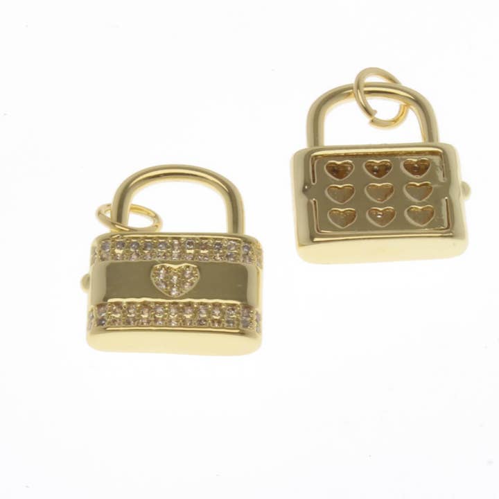 Jewel Pledge - Wholesale Individual Charm/Pendant - 18k Gold/Silver CZ Lock & Heart Charm Pendant Set CPG23643