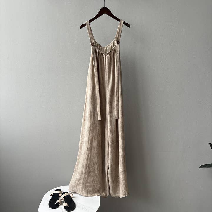 beige Slouchy overalls with 4% linen blend for wholesale on Faire