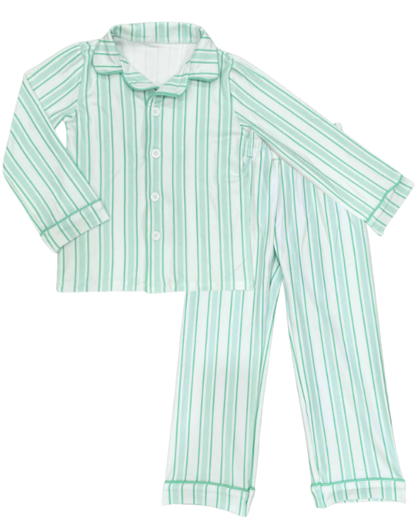 Sugar Bee Clothing - Wholesale Sleepwear Set - Kids - Christmas 2025 Pajamas - Button Down - Green Stripe5