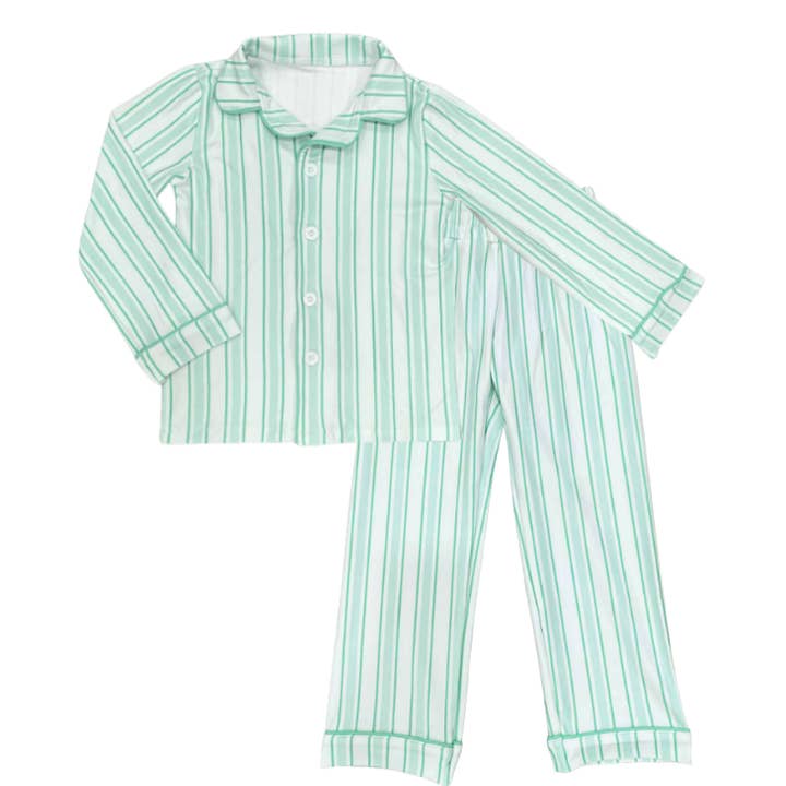 Sugar Bee Clothing - Wholesale Sleepwear Set - Kids - Christmas 2025 Pajamas - Button Down - Green Stripe5