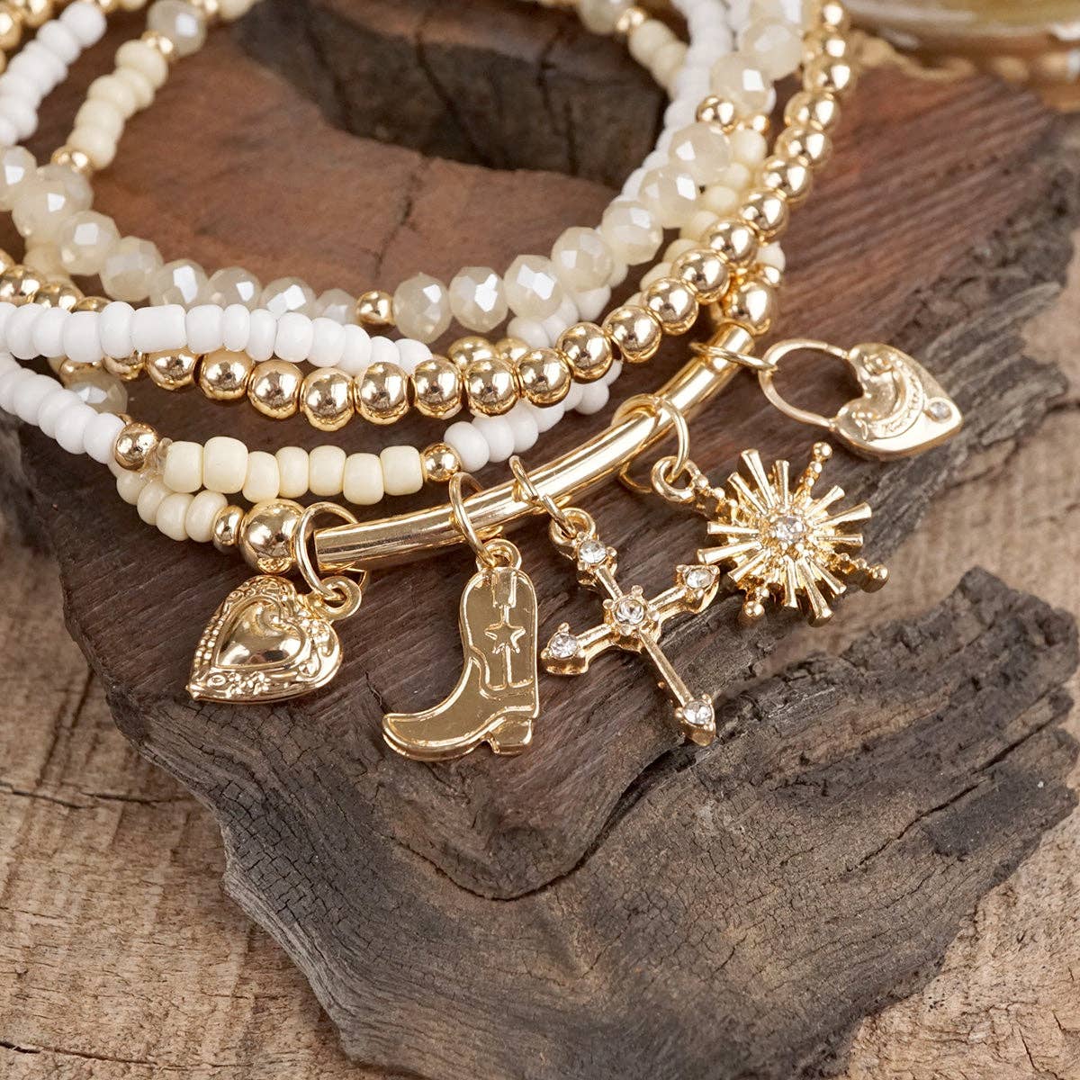 PennyLine inc - Wholesale Beaded Bracelet - Charmed Whimsy – Set of 5 Mint & White Beaded Bracelets with Golden Charm Bar4