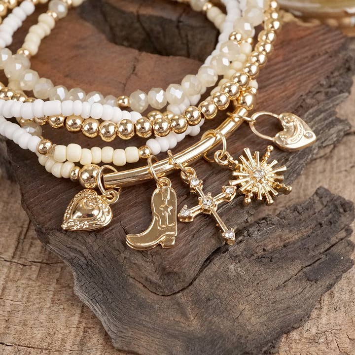 PennyLine inc - Wholesale Beaded Bracelet - Charmed Whimsy – Set of 5 Mint & White Beaded Bracelets with Golden Charm Bar4