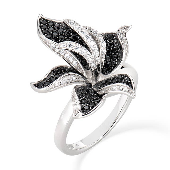 Black Cz Orchid Ring In Sterling Silver for wholesale by Amen Gioielli