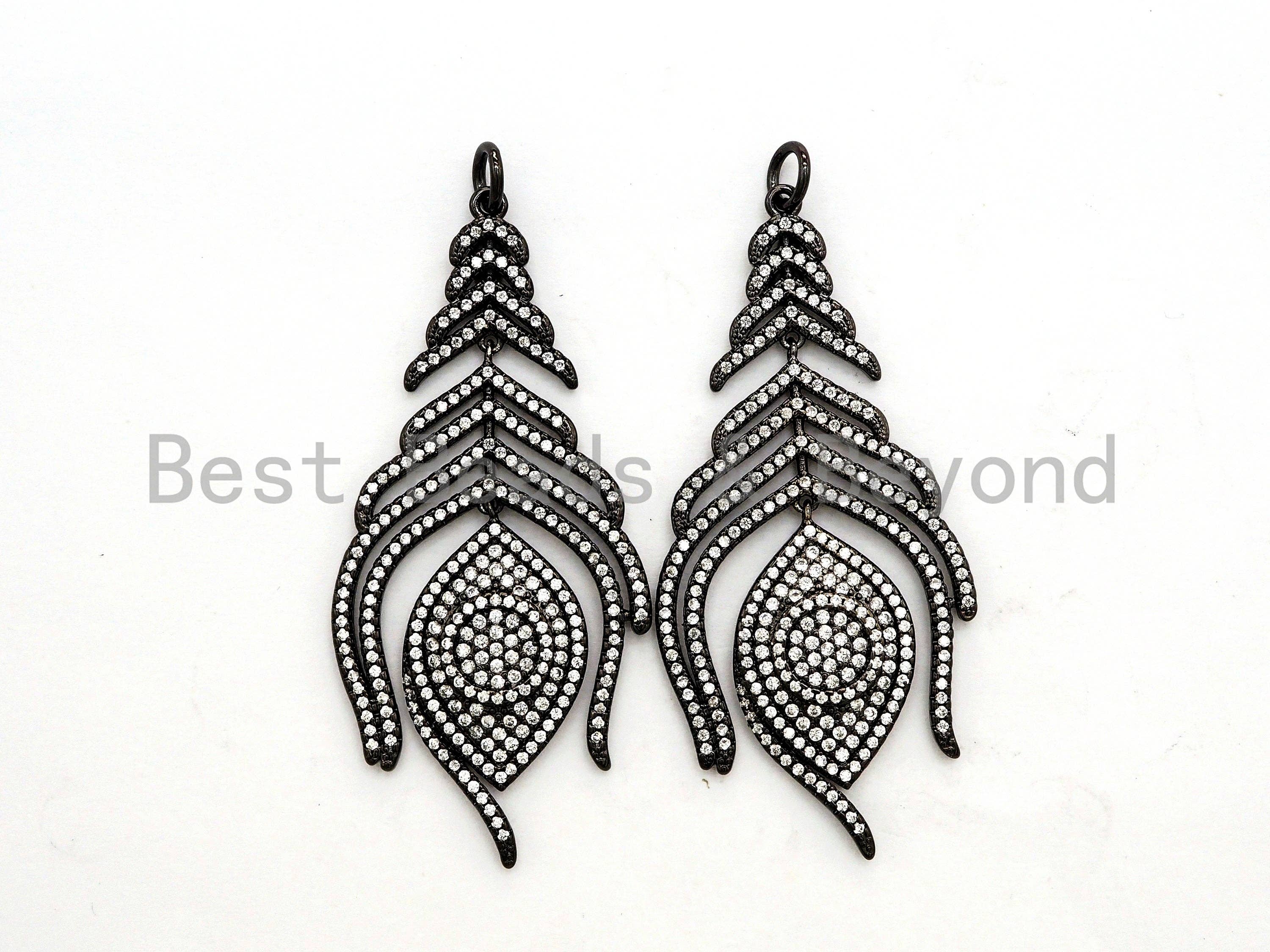 BestBeads&Beyond – wholesale Individual charm/pendant – Large CZ Micro Pave Black Feather Pendant with Evil Eye Beads,Cubic Zirconia pave Charm, Focal Pendant, 27x59mm,sku#F526