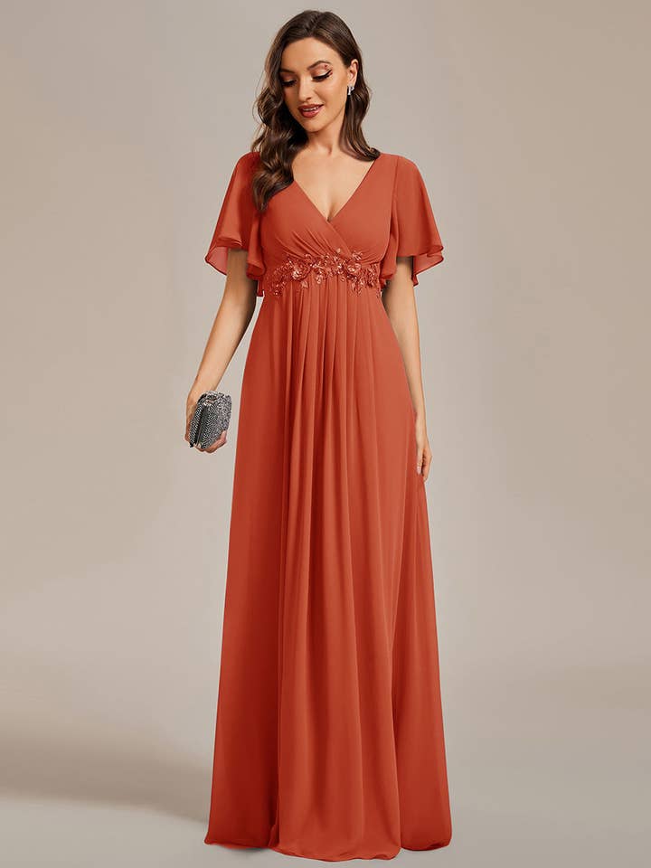 Ever-Pretty - Wholesale Gown – Women's - V Neck Appliques Pleated Bridesmaid Dress46