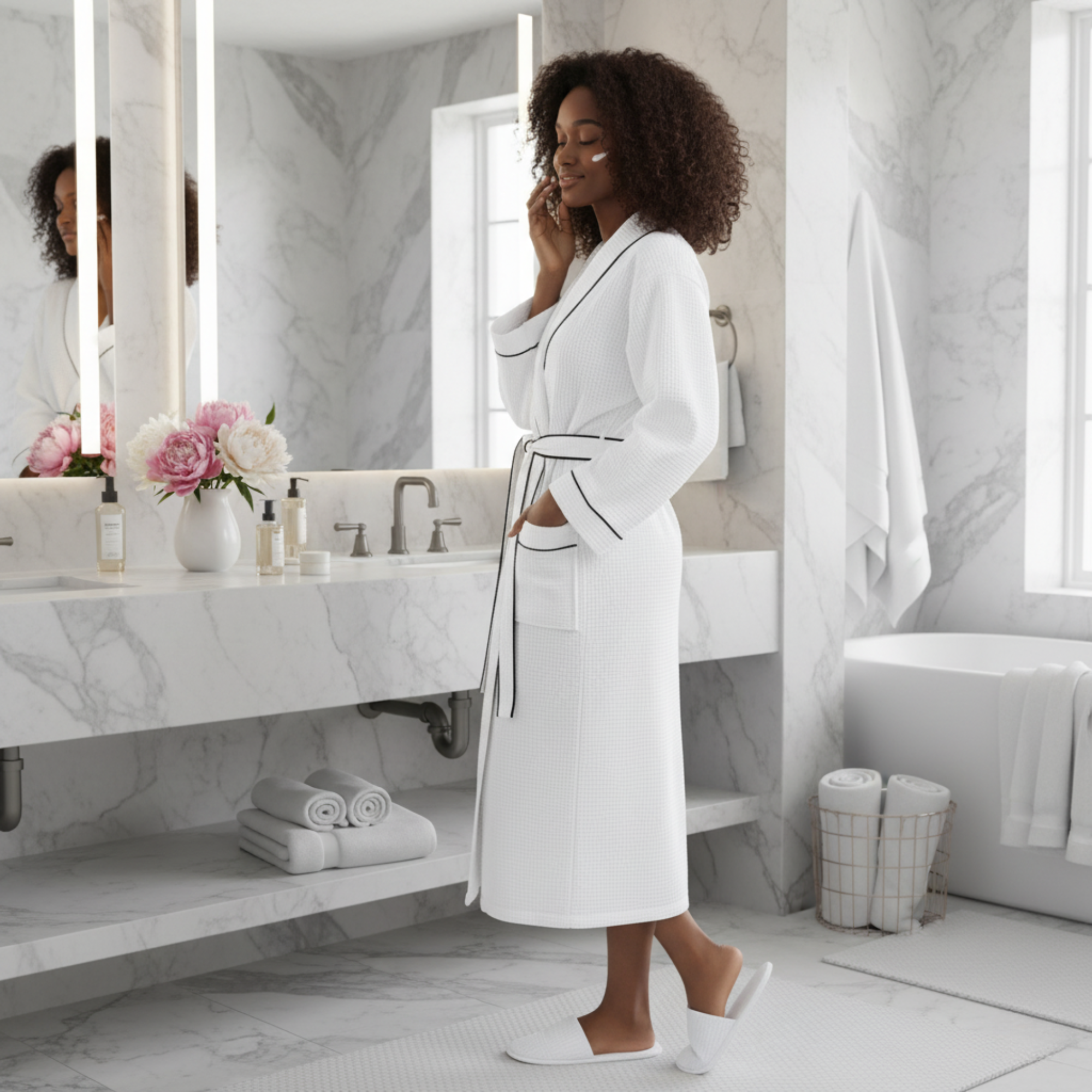 Lotus Linen – Engroshandel Morgenkåbe - Dame – Kvinders lette badekåbe med waffle-tekstur og kantbånd – spa-komfort18