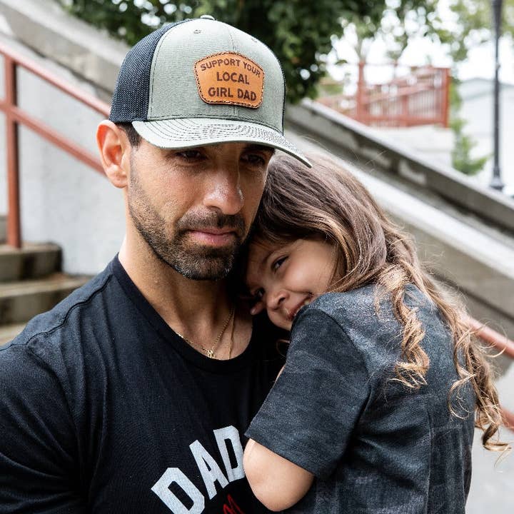 Dadbod Apparel - Wholesale Trucker Hat - Men's - Support Your Local Girl Dad Leather Patch Hat (Military Green/Black Mesh) - CLML