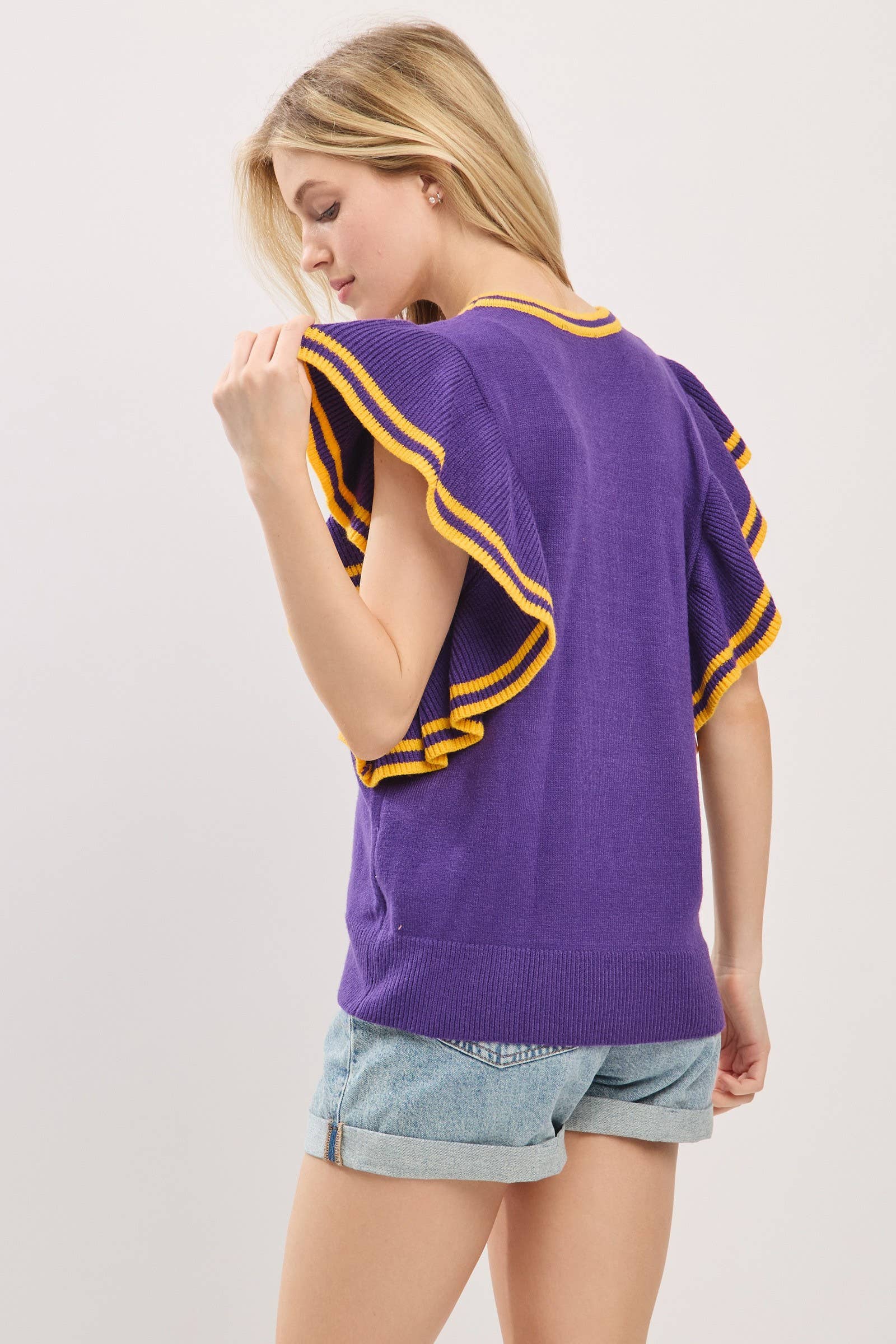 Sewn and Seen - Vente Haut en maille – femme - Haut en maille de jour de match à manches volantées style universitaire39