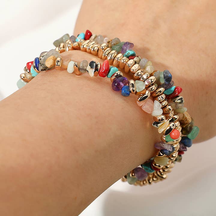 Sensibling Corp. - Wholesale Jewelry Set - 3PCS Natural Stone Metal Bead Stretch Multi Layered Bracelet