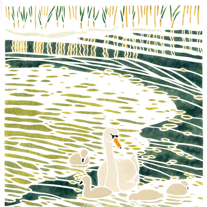 Mayuko Fujino Bird & Nature Art - Wholesale Art Print - Art print: Swan Family (11 inches x 14 inches)