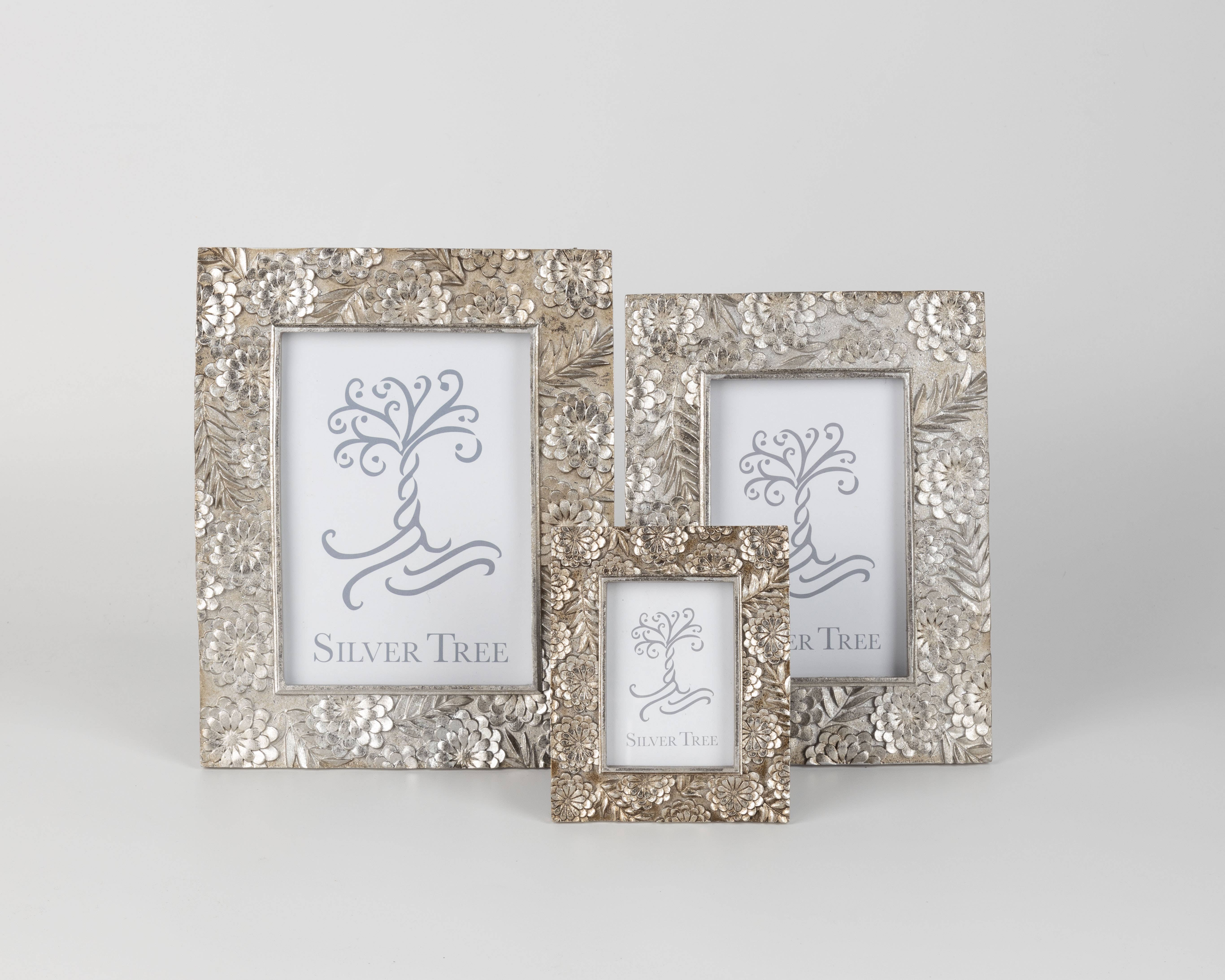 Silver Tree Home & Holiday - Wholesale Picture Frame - GE00652: Floral motif frame,slv,fit 5x7in2