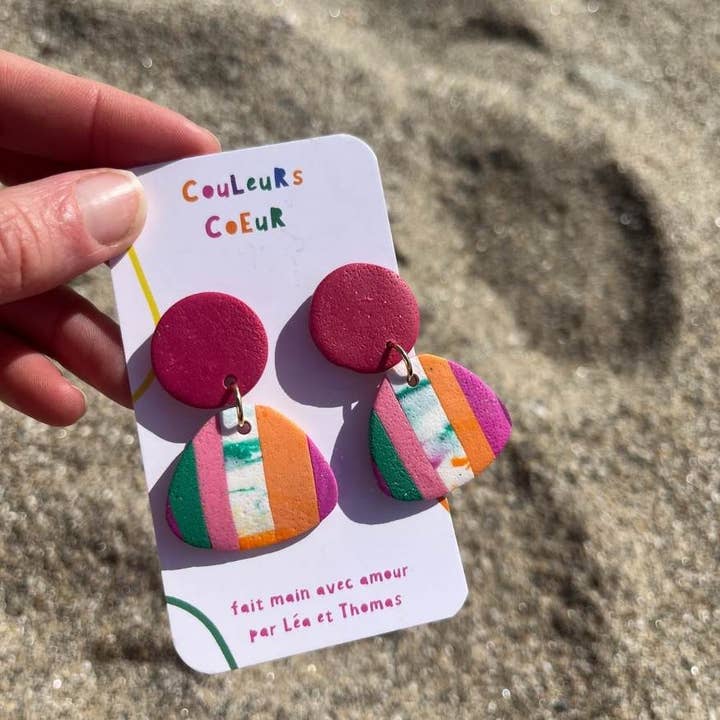 Couleurs cœur - Wholesale Dangle Earrings - Cartagena ☀️- Green/Orange Rainbow - Pink Circle2