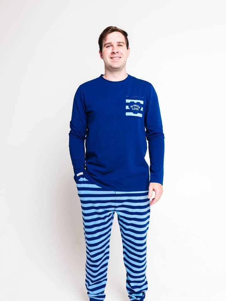 No Greater Love Blue Mens PJ Set Cotton for wholesale by Holy Pals