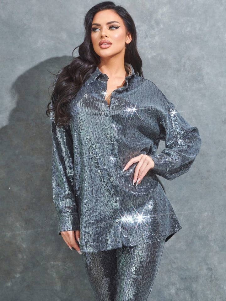 Sequin Button Up Top for wholesale by WFFS