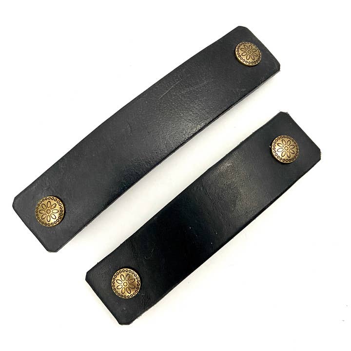 Black Leather & Decorative Brass Stud Barrette for wholesale by PlatypusMax