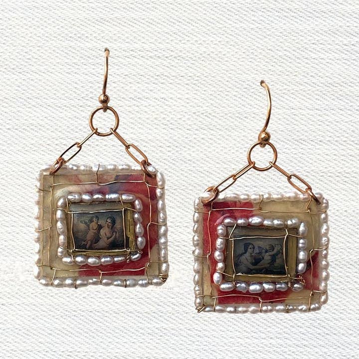 Venus and Cupid Pearl-Framed Earrings for wholesale by Folkloric Jewelry
