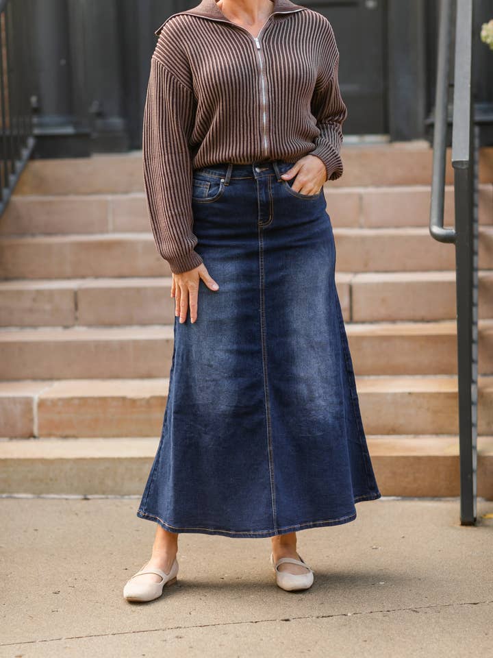 Bethany Dark Denim A-line Skirt for wholesale by Inherit Clothing Company