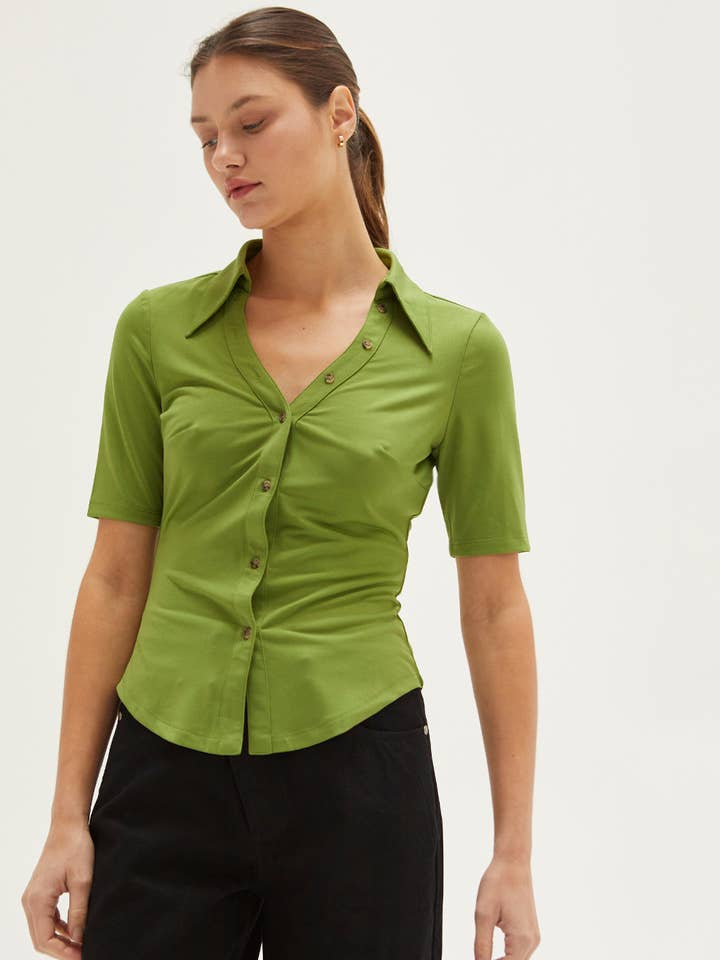 CT7692-Celia Button Front Knit Short Sleeve Shirt for wholesale by Crescent