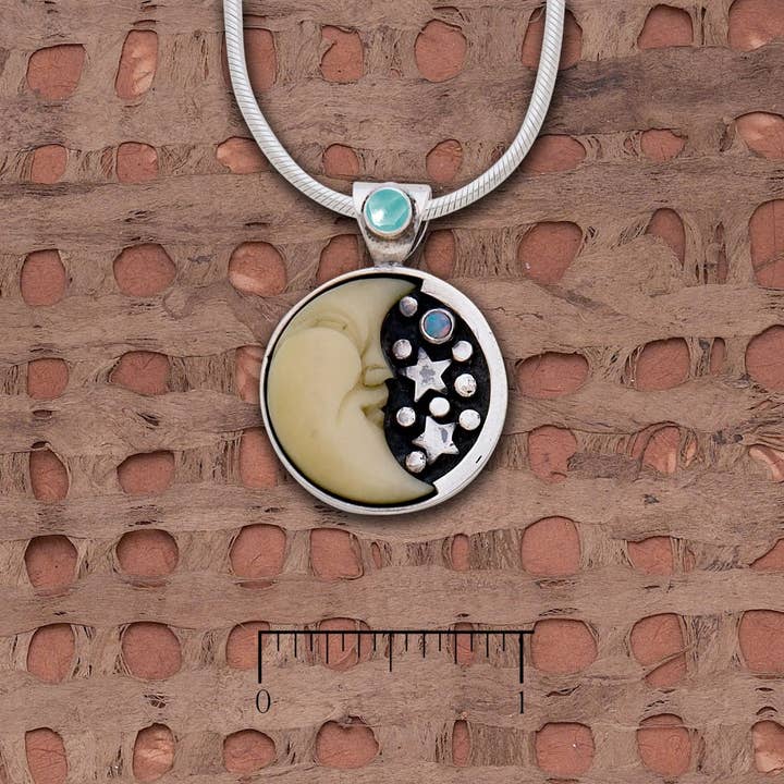 Tagua Nut Half Moon w/ Stars Opal Pendant and Larimar for wholesale by Tidepool