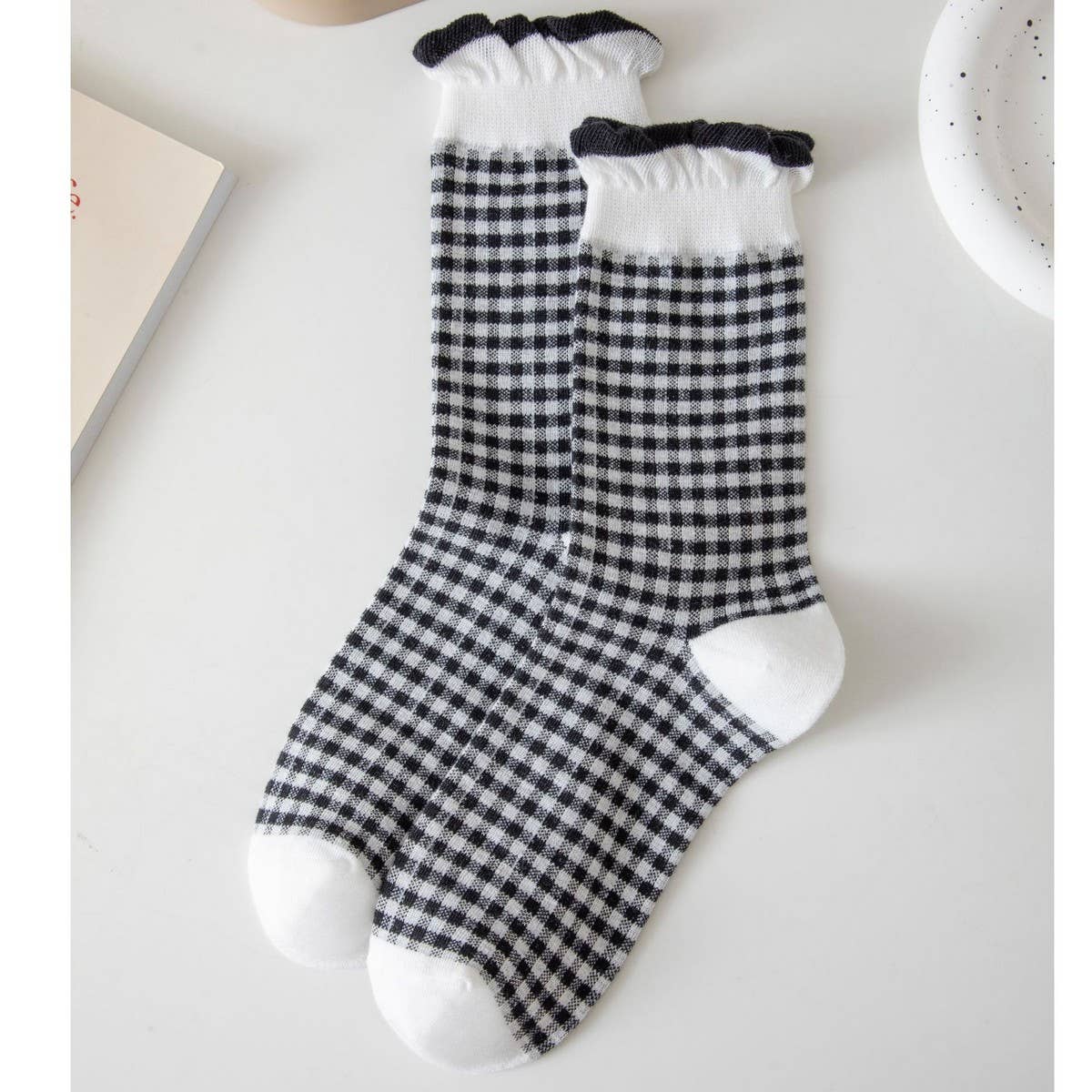 NINEXIS - Vente Chaussettes – femme - CWMS02981_CHAUSSETTES FEMME À CARREAUX À POIS AVEC VOLANTS ET COUPE DÉCONTRACTÉE3