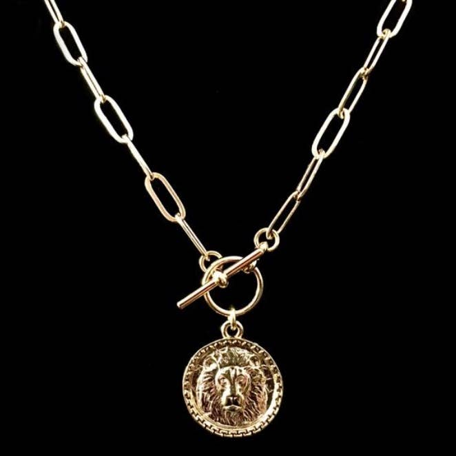 B.BéNI® Christian & Jewish Jewelry – wholesale Pendant/charm necklace – Shiny Gold Intrépide Lion Coin Toggle Necklace2
