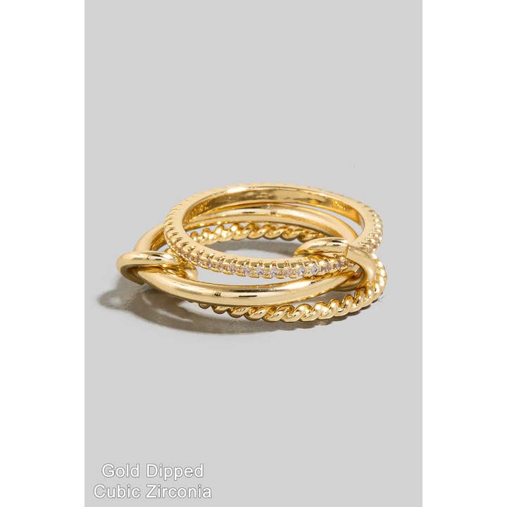 Gold Dipped Cz Studded Layered Linked Band Rings Set for wholesale by The Looks by Fame Accessories