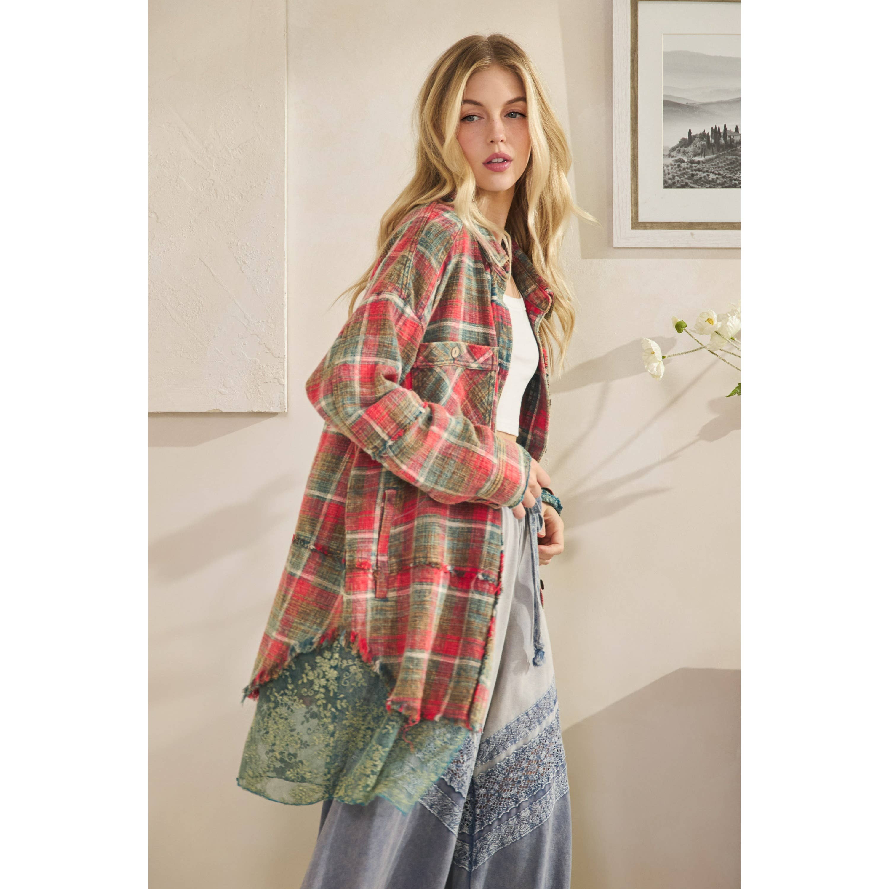 Oli&Hali - Wholesale Shirt Jacket/Shacket - Women's - WASHED PLAIDS AND EMBROIDERED MESH MIX SHACKETS4