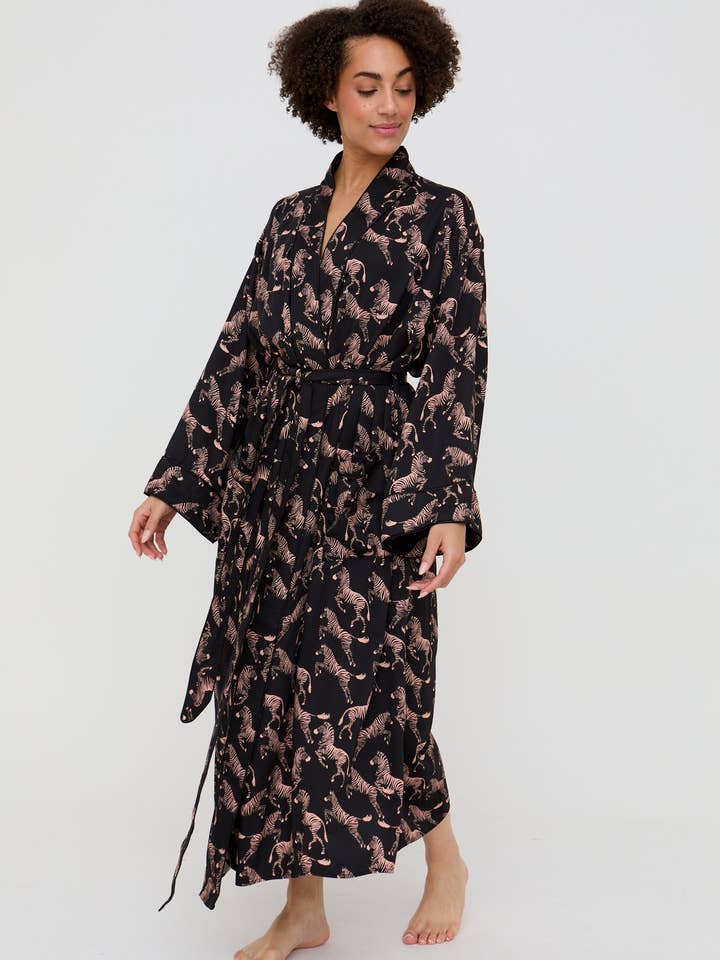 Corina Kimono Style Curious Zebra Print Robe In Black for wholesale by Lily and Lionel