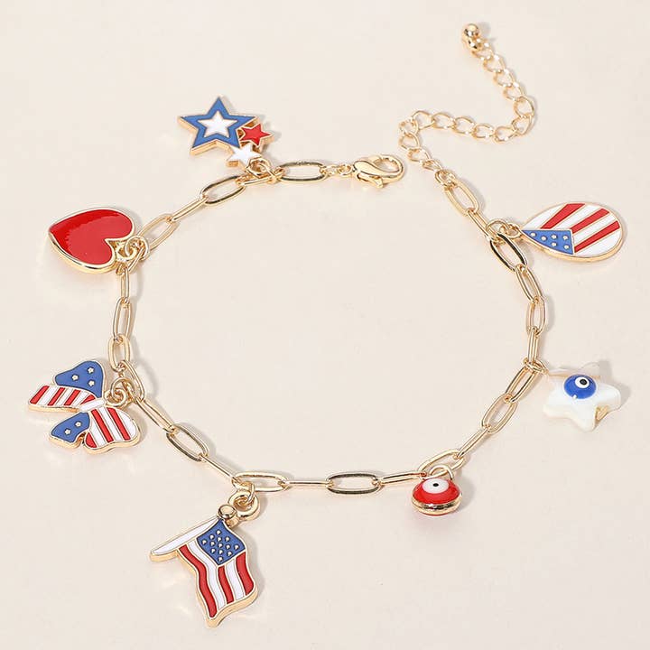 Enamel American USA Flag Bow Star Heart Eye Charm Bracelet for wholesale by Sensibling Corp.