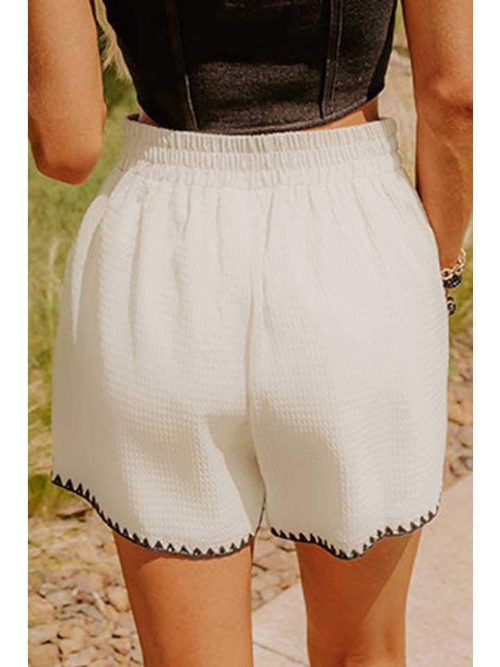 White Waffle Texture Contrast Ricrac Hemline Casual Shorts for wholesale on Faire10
