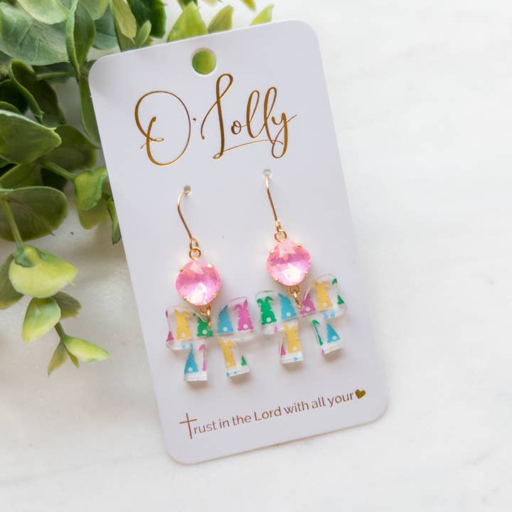 Pink Stone w/Multicolored Bunny Print Bow Dangle Earrings - Easter 3 for wholesale by O’Lolly Jewelry