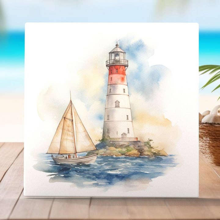 Coastal Lighthouse and Sailboat Ceramic Tile - Nautical Decor for wholesale by Peeping Tom's Cottage