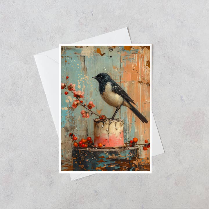 Leere Karte mit Elster, sitzend auf rosafarbenem Kuchen, 98AS für den Großhandel von Salty Alyce