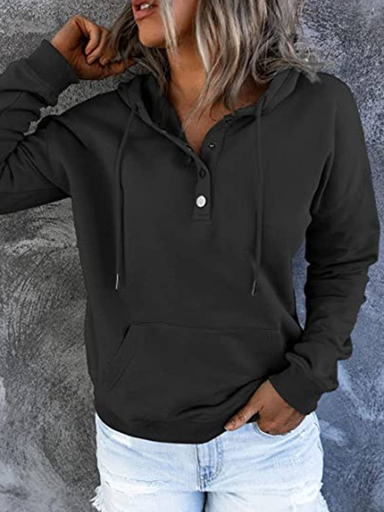 HIDDENBRAND - Wholesale Hoodie - Women's - Large Pockets Half Buttoned Hooded Sweatshirt1