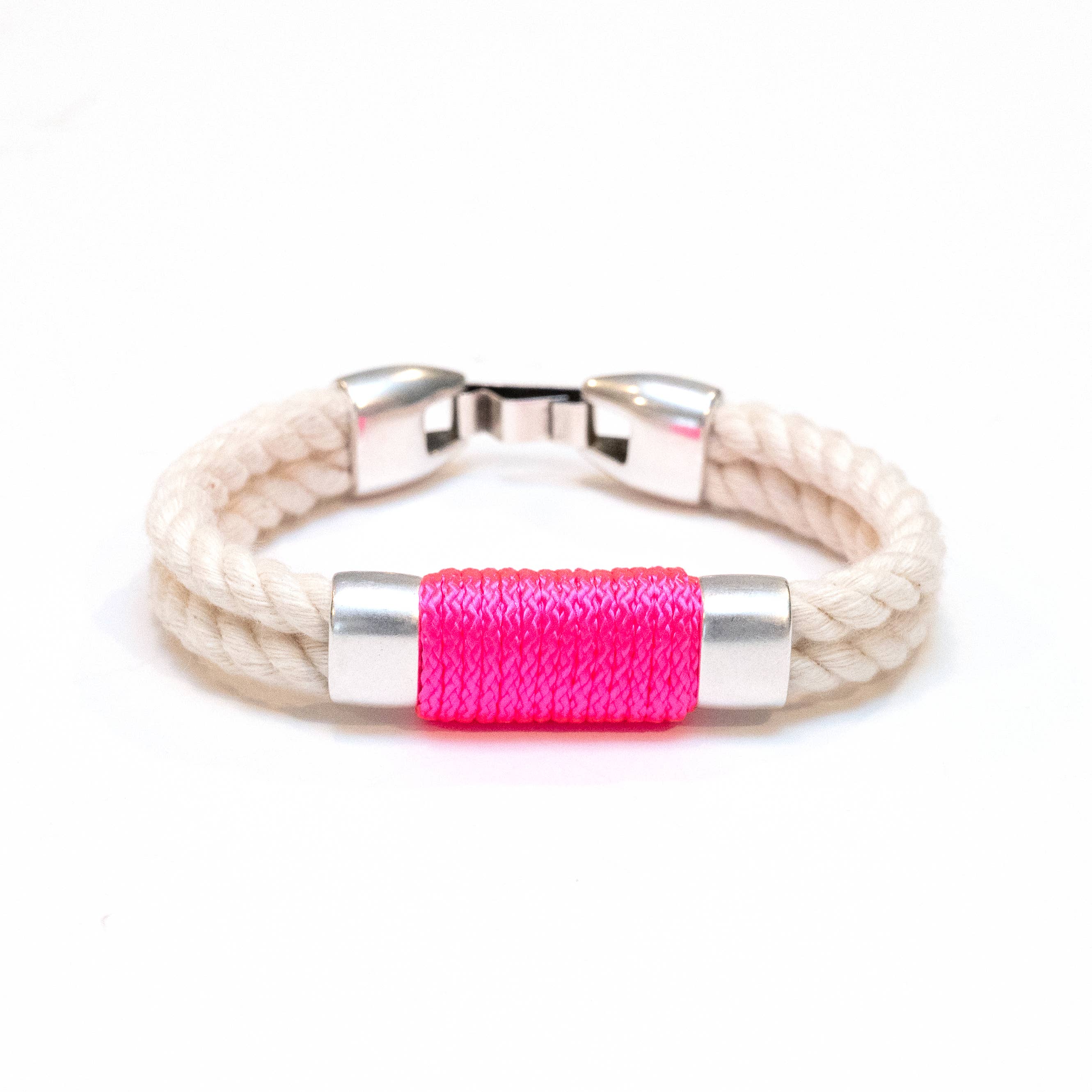 Allison Cole Jewelry - Wholesale Woven/Braided Bracelet - Tremont - Ivory/Neon Pink/Silver - Nautical Rope Bracelet